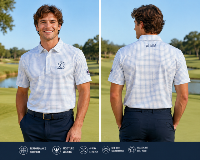 Testicle Golf Polo -  White/blue pin stripe - Mini Micro windowpane pattern